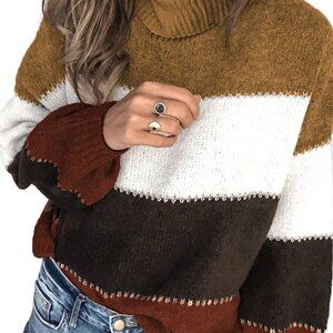 Color Block Turtleneck Chunky Knit Sweater Womens Size Large